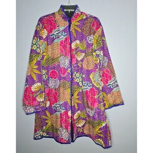Handmade Kantha Jacket with Mandarin Collar, Buttons, Size L/XL